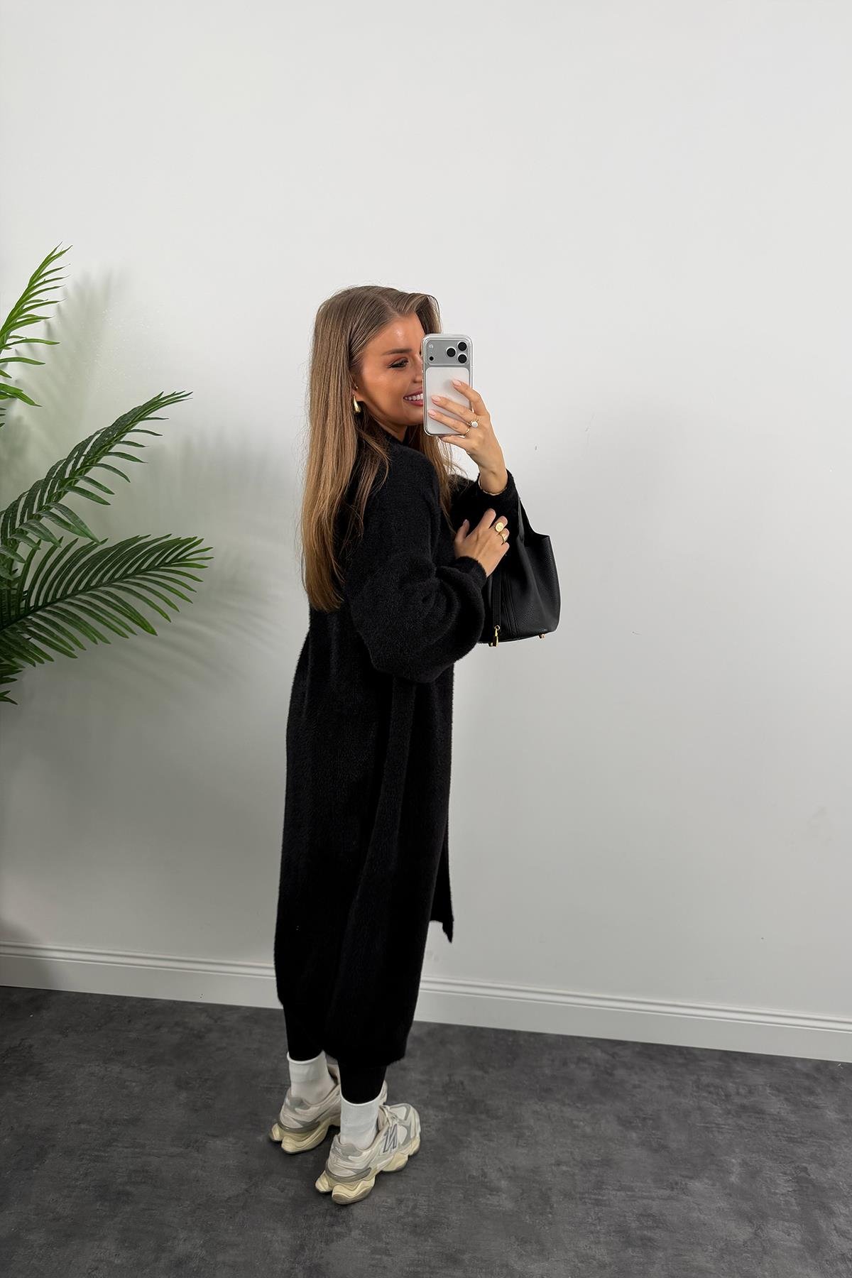 Lüx Kalite Kaşmir Dokulu Maxi Yumoş Hırka Siyah