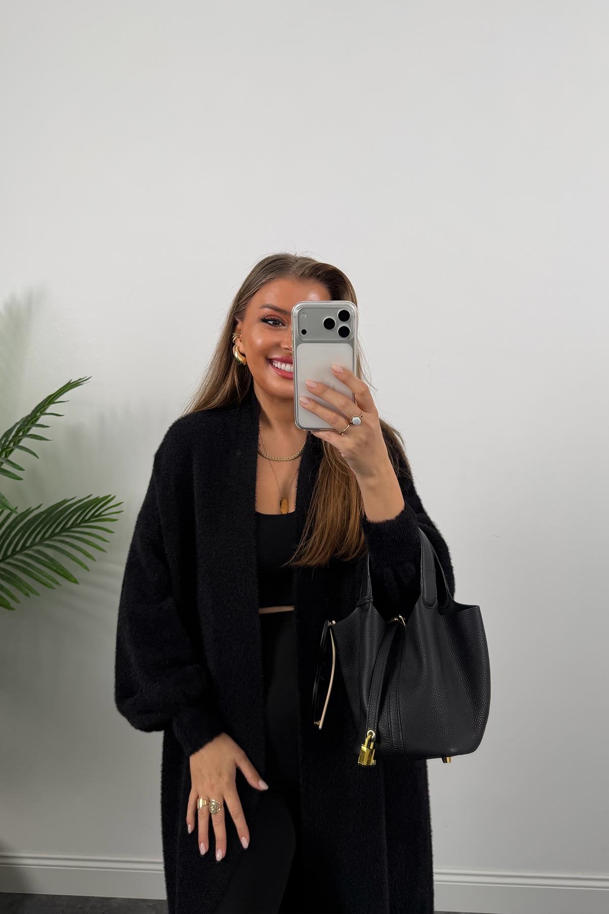 Lüx Kalite Kaşmir Dokulu Maxi Yumoş Hırka Siyah