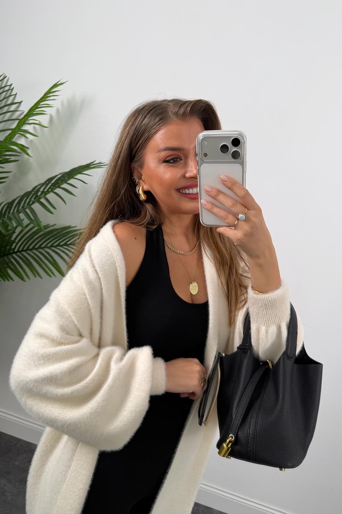 Lüx Kalite Kaşmir Dokulu Maxi Yumoş Hırka Krem