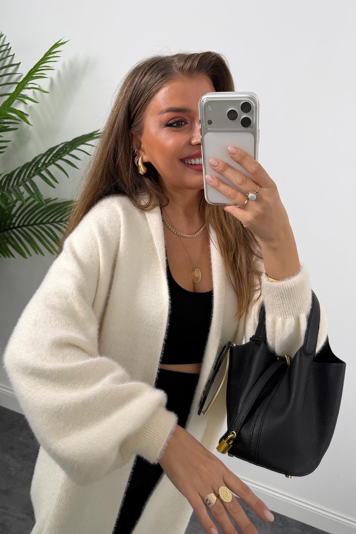 Lüx Kalite Kaşmir Dokulu Maxi Yumoş Hırka Krem