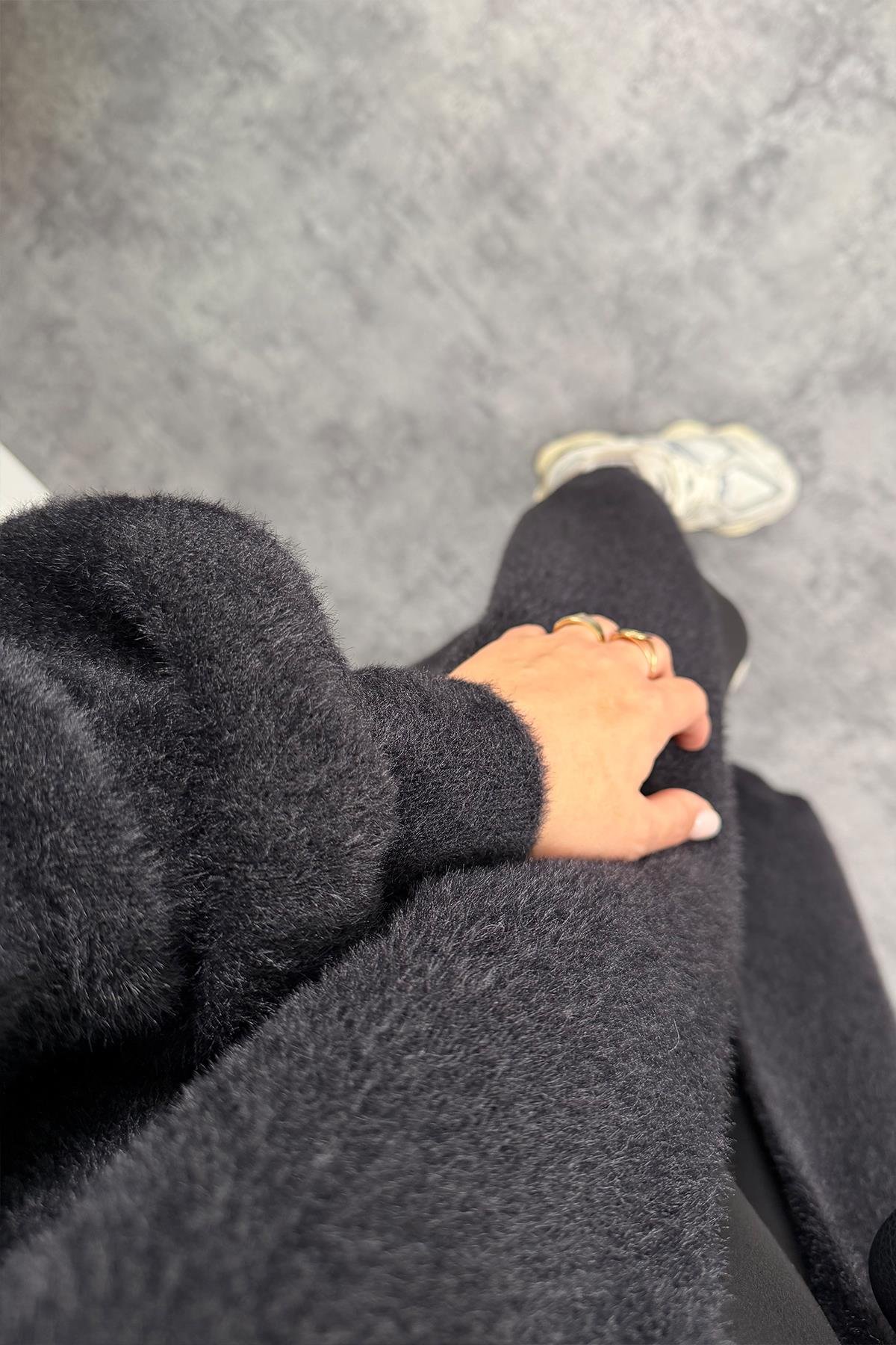 Lüx Kalite Kaşmir Dokulu Maxi Yumoş Hırka Siyah