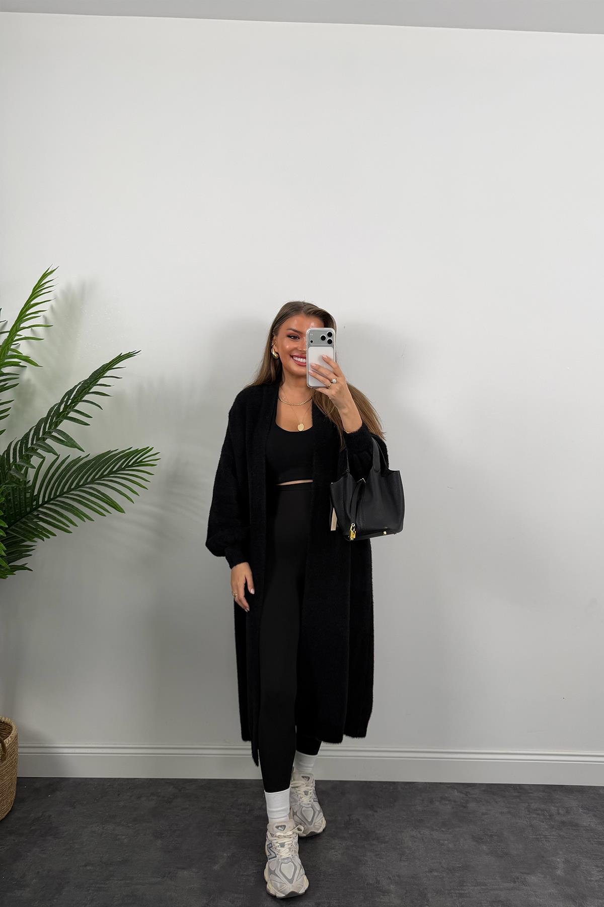 Lüx Kalite Kaşmir Dokulu Maxi Yumoş Hırka Siyah