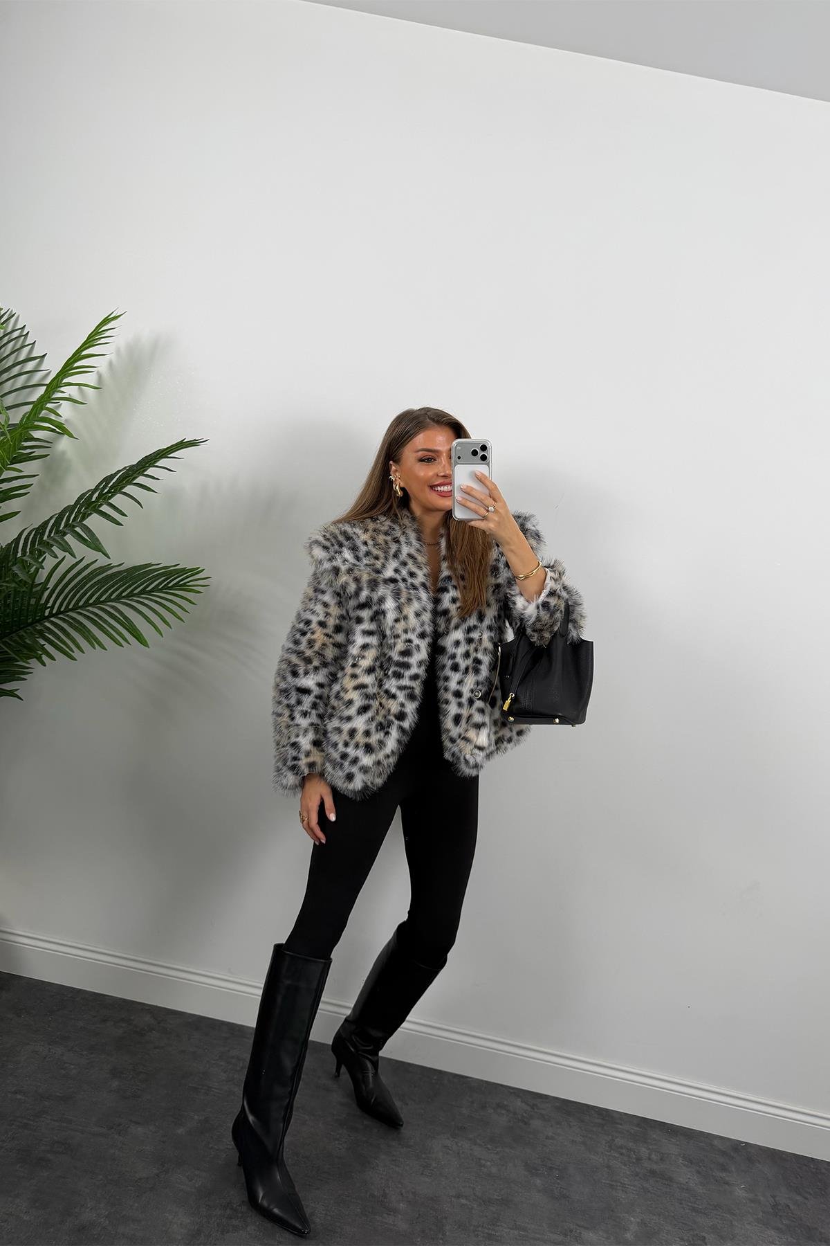 Lüx Kalite Leopar Desenli Vegan İpek Kürk