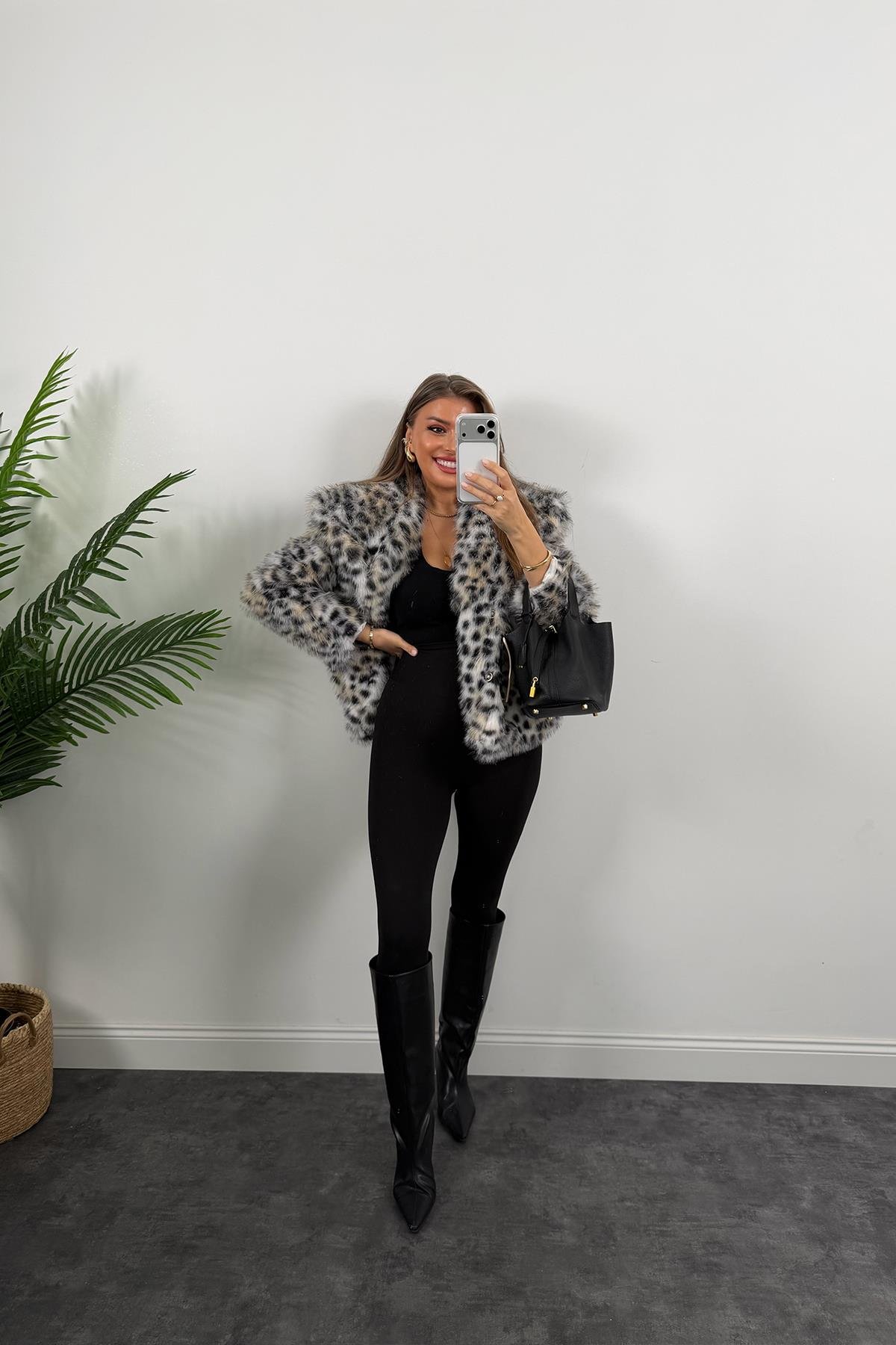 Lüx Kalite Leopar Desenli Vegan İpek Kürk