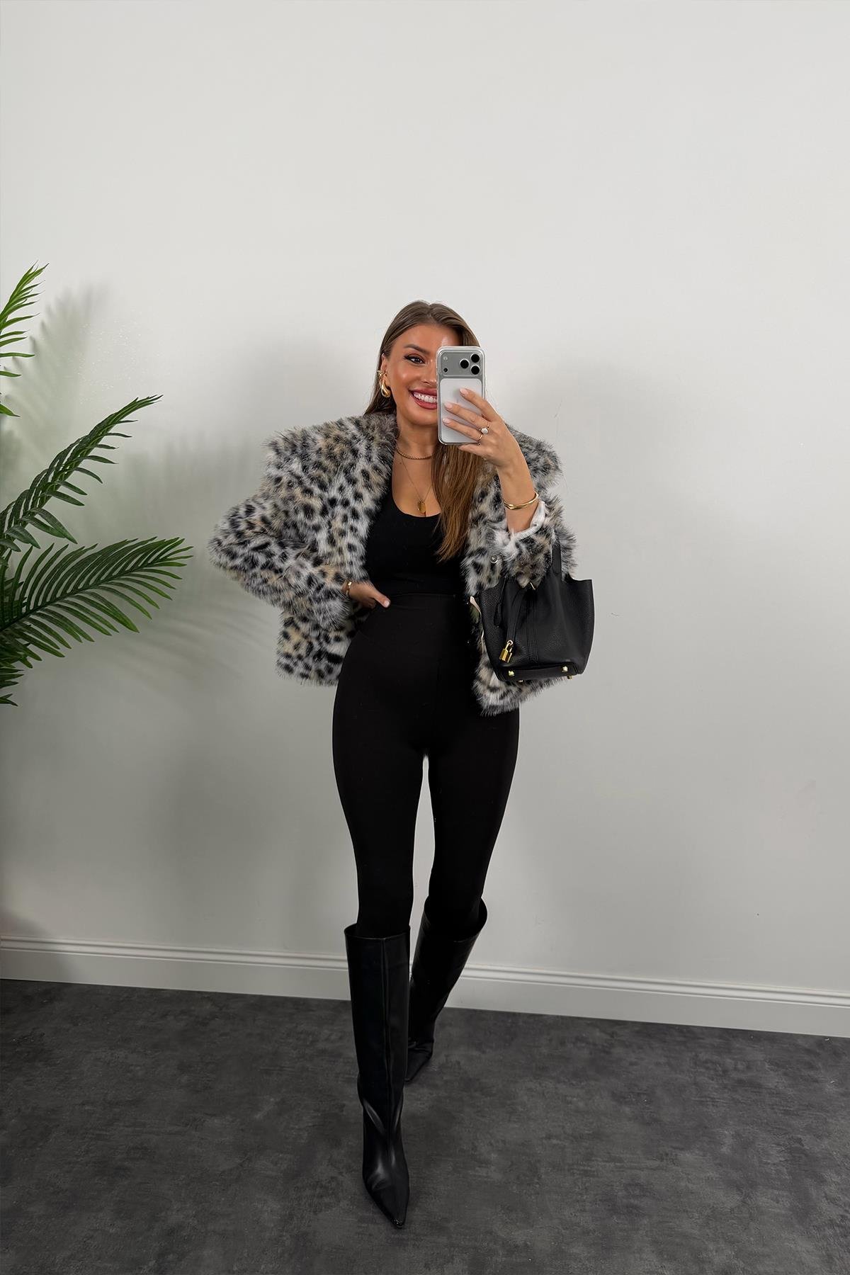 Lüx Kalite Leopar Desenli Vegan İpek Kürk