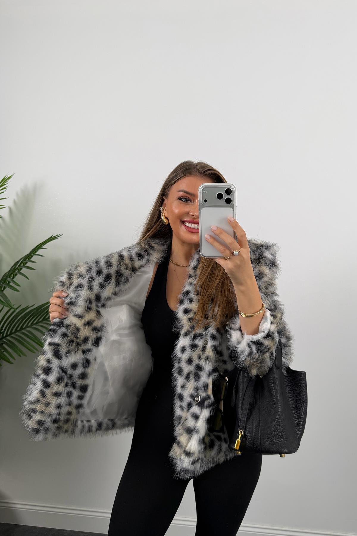 Lüx Kalite Leopar Desenli Vegan İpek Kürk