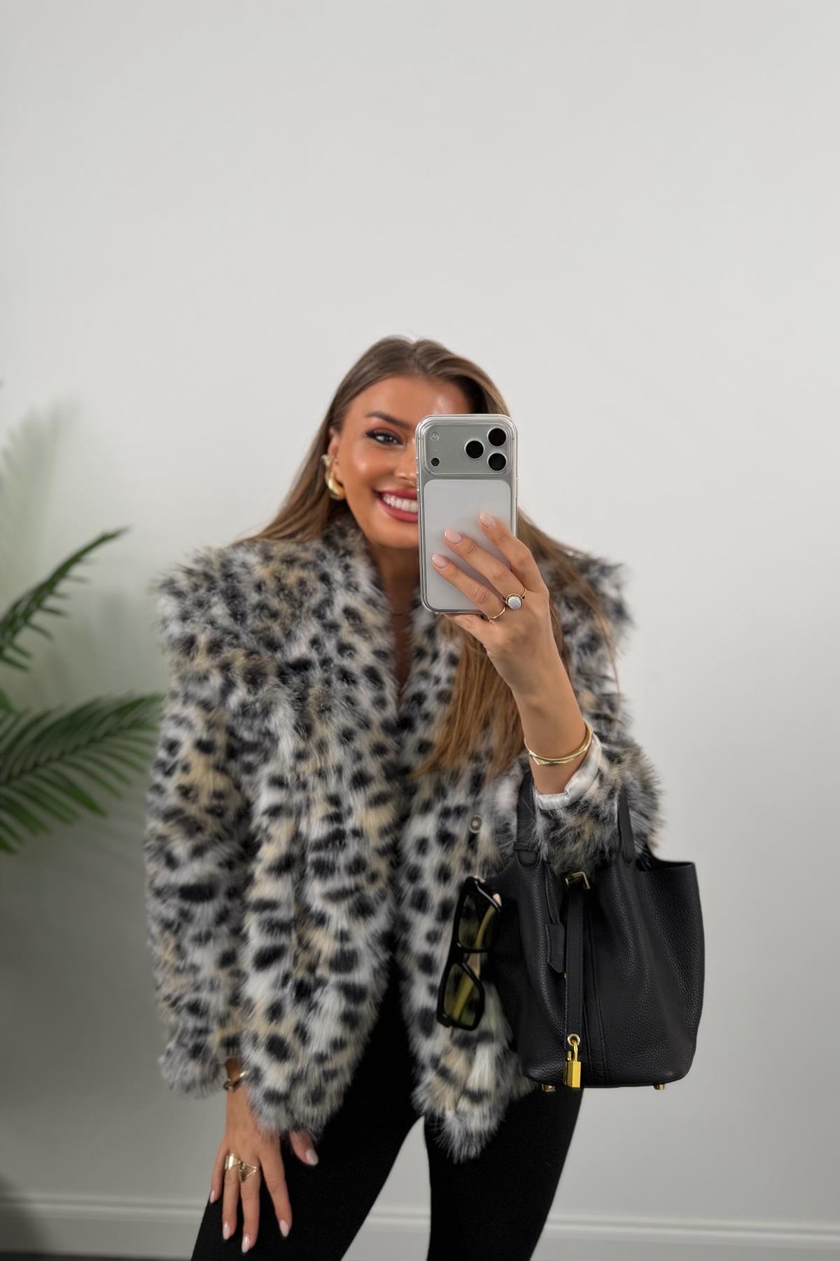 Lüx Kalite Leopar Desenli Vegan İpek Kürk