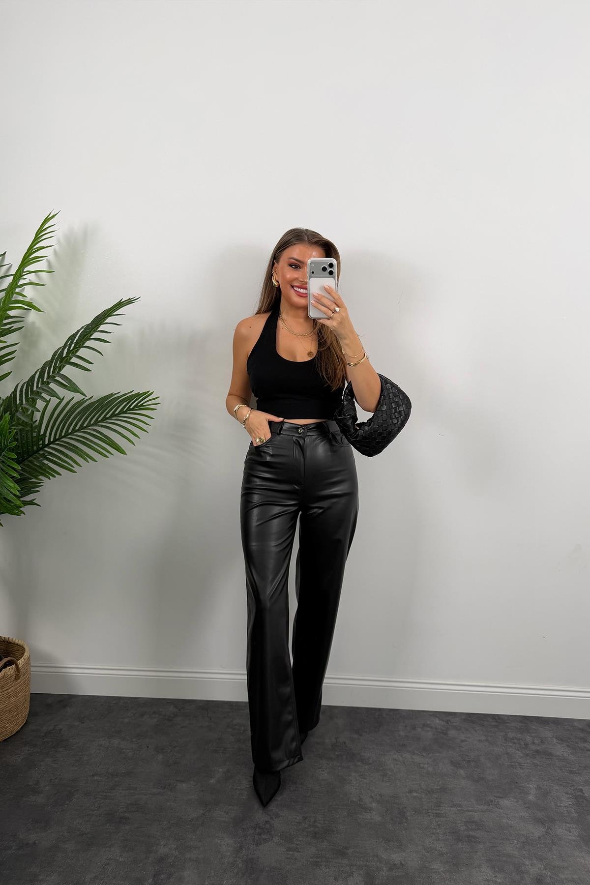 Lüx Kalite Likralı Yumuşak Deri Palazzo Pantolon Siyah