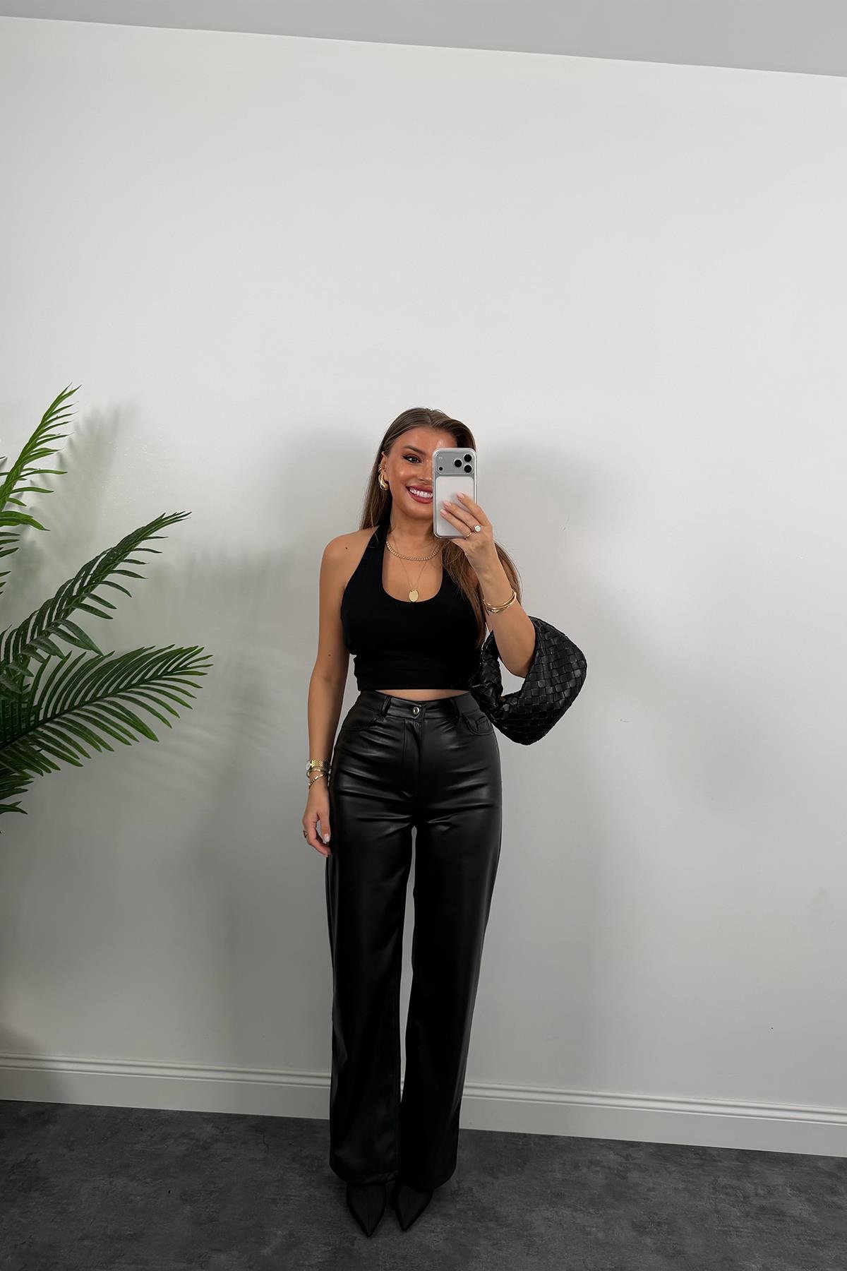 Lüx Kalite Likralı Yumuşak Deri Palazzo Pantolon Siyah