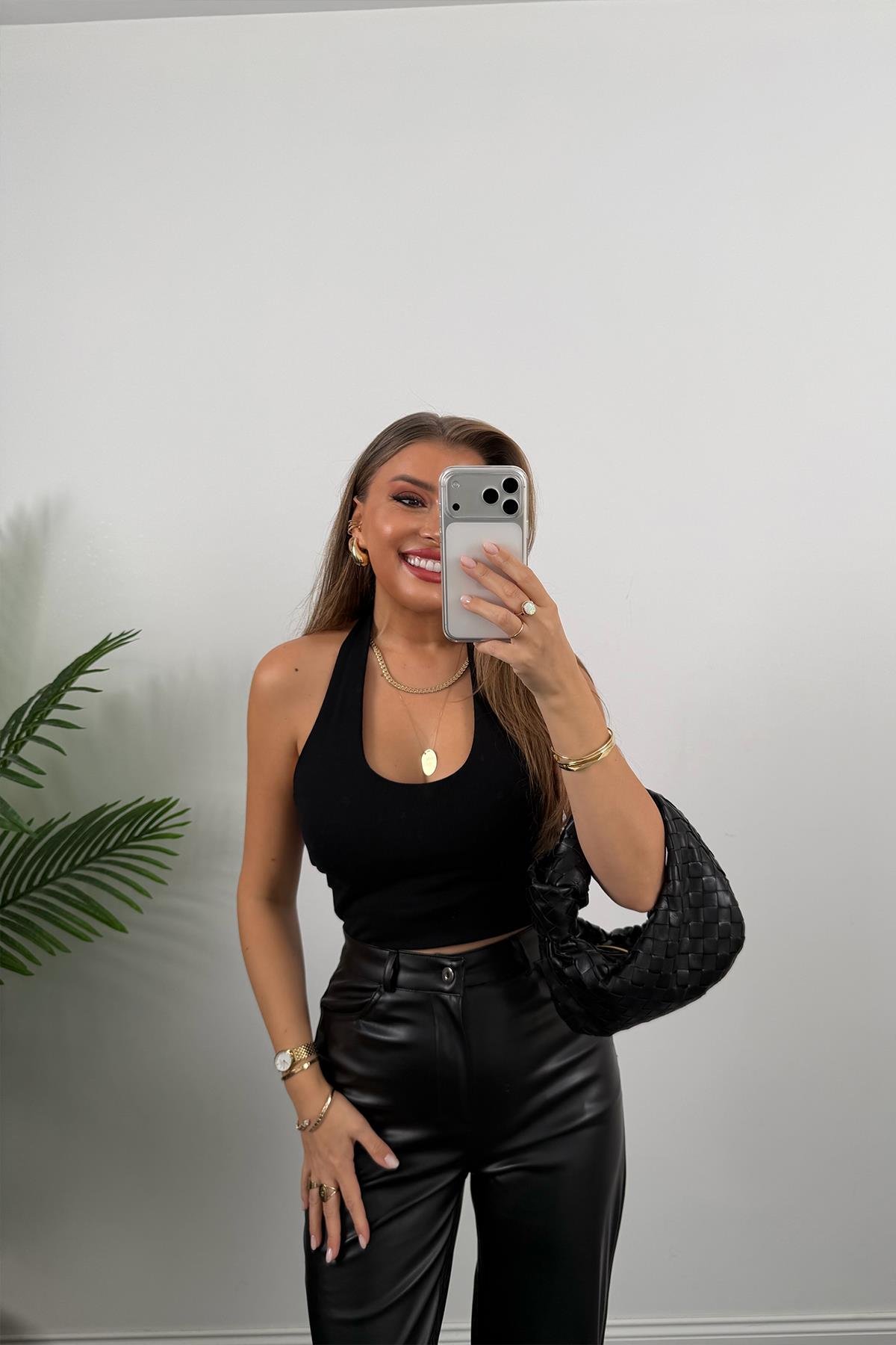 Lüx Kalite Likralı Yumuşak Deri Palazzo Pantolon Siyah