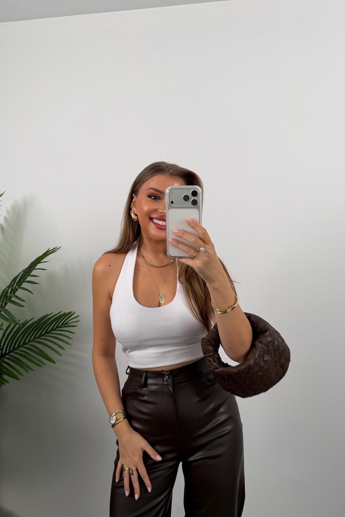 Lüx Kalite Likralı Yumuşak Deri Palazzo Pantolon Acı Kahve