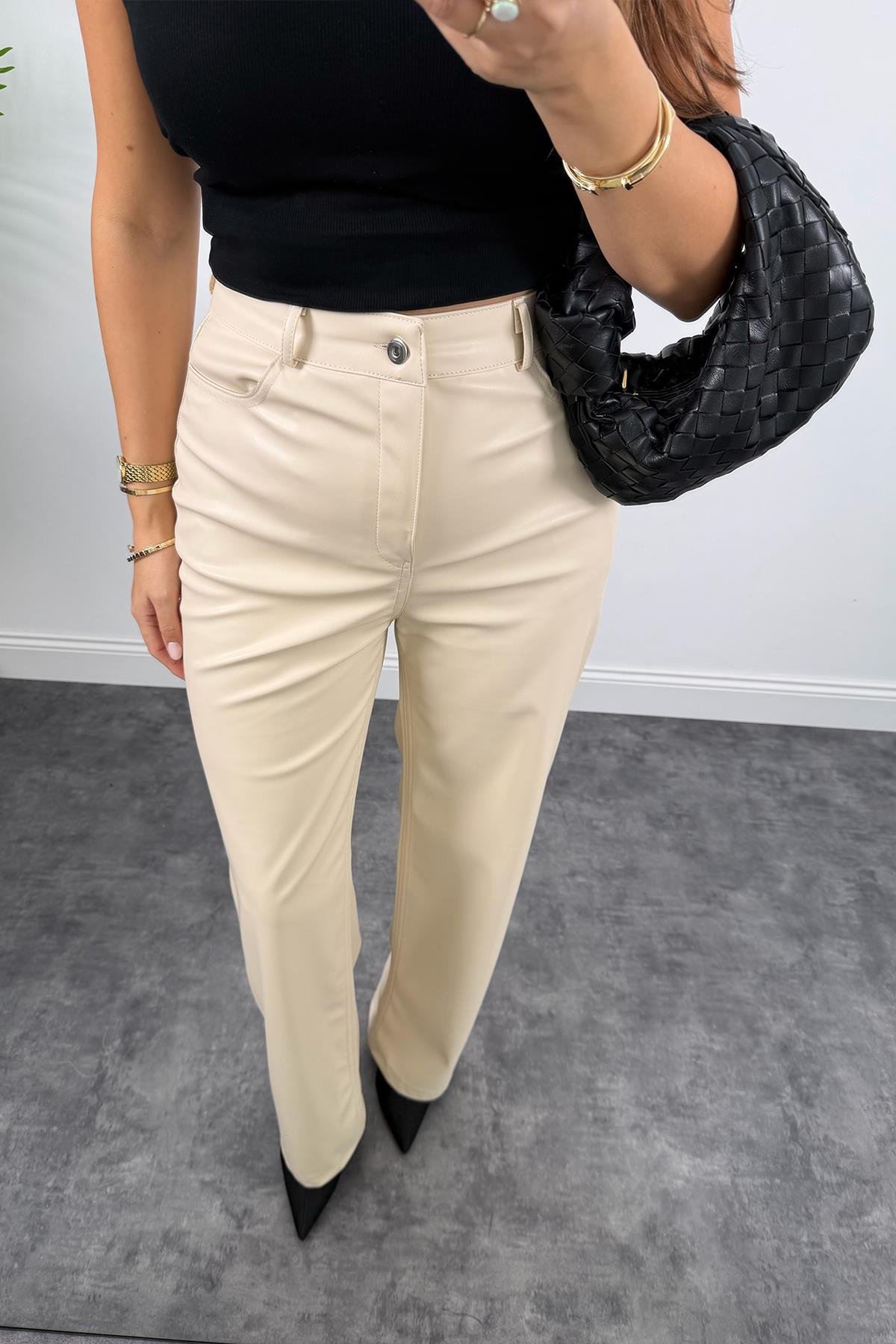 Lüx Kalite Likralı Yumuşak Deri Palazzo Pantolon Taş