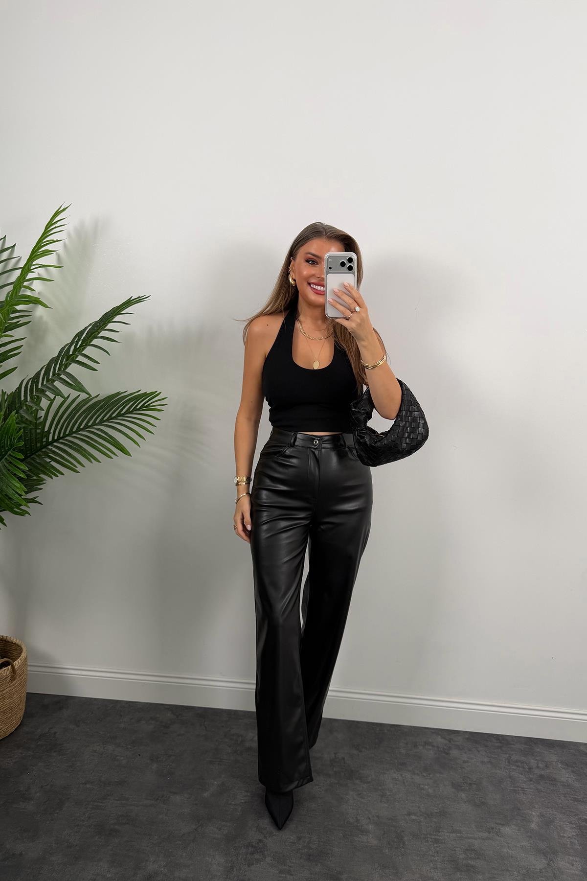 Lüx Kalite Likralı Yumuşak Deri Palazzo Pantolon Siyah