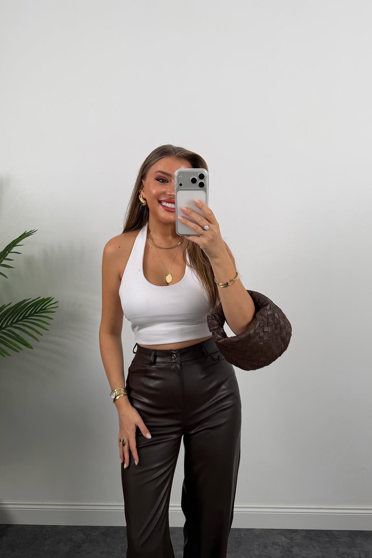 Lüx Kalite Likralı Yumuşak Deri Palazzo Pantolon Acı Kahve