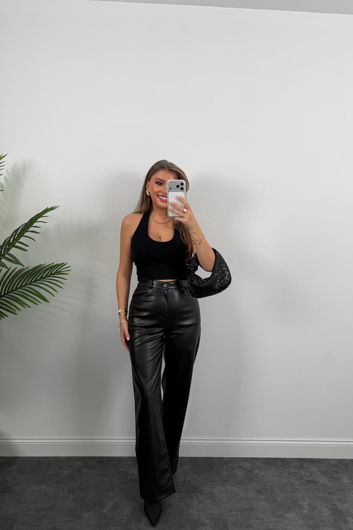 Lüx Kalite Likralı Yumuşak Deri Palazzo Pantolon Siyah