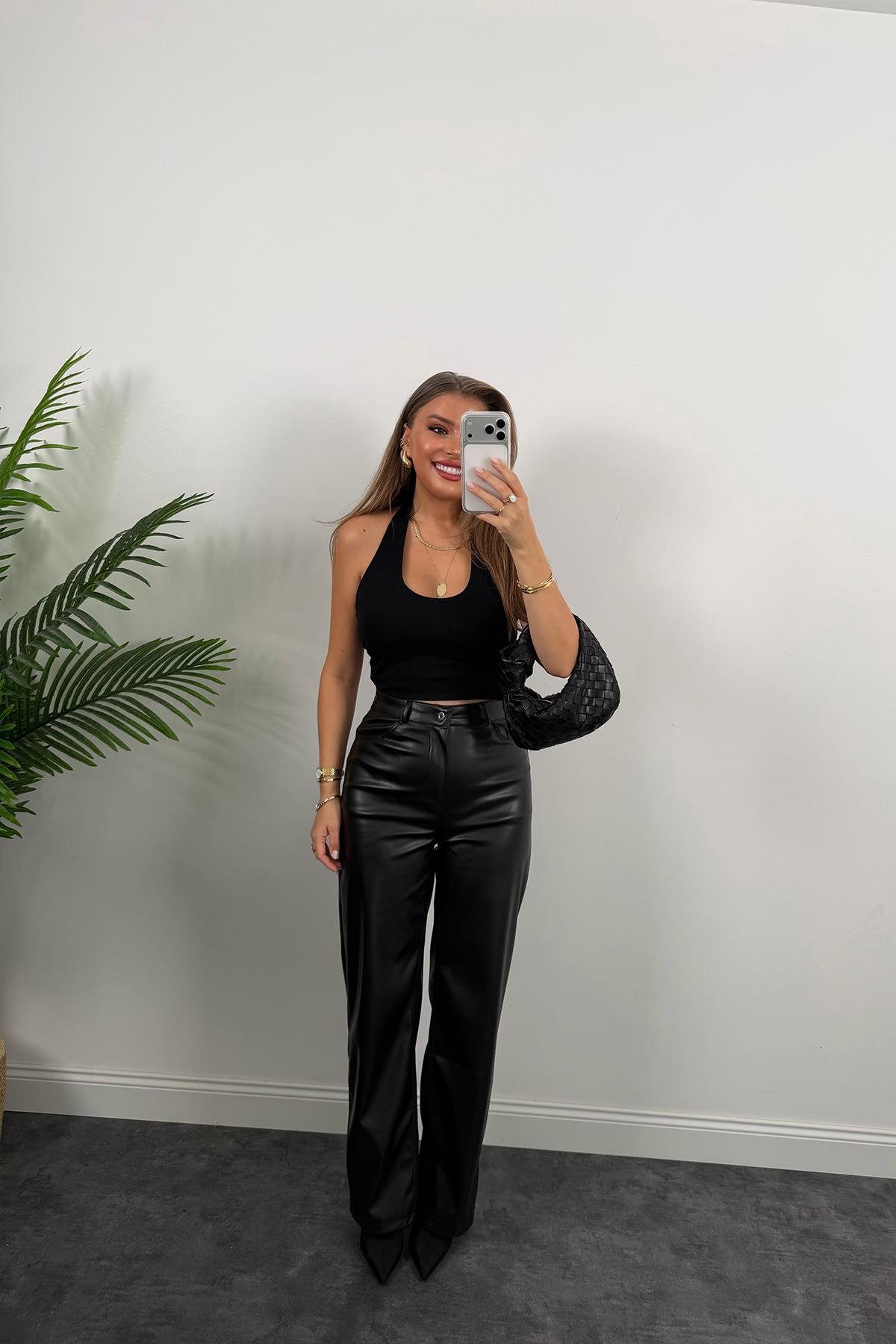 Lüx Kalite Likralı Yumuşak Deri Palazzo Pantolon Siyah