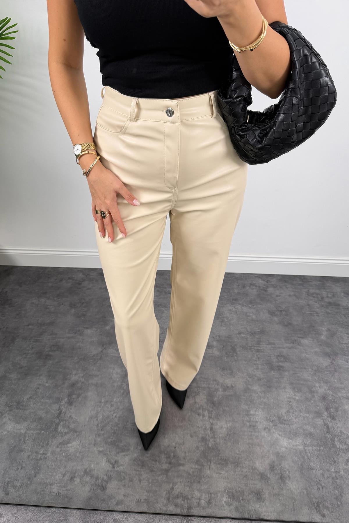 Lüx Kalite Likralı Yumuşak Deri Palazzo Pantolon Taş