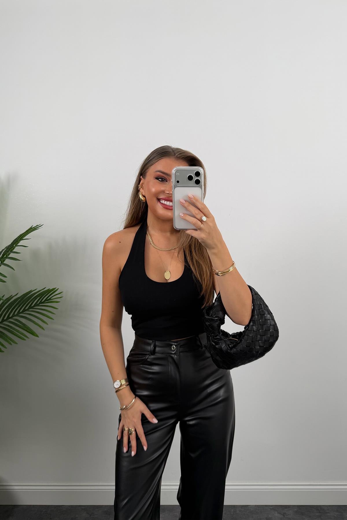 Lüx Kalite Likralı Yumuşak Deri Palazzo Pantolon Siyah