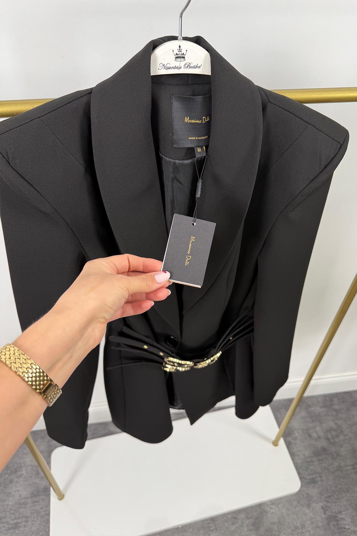 Lüx Kalite Marka Model Gold Kemerli Vatkalı Tasarım Blazer Ceket Siyah