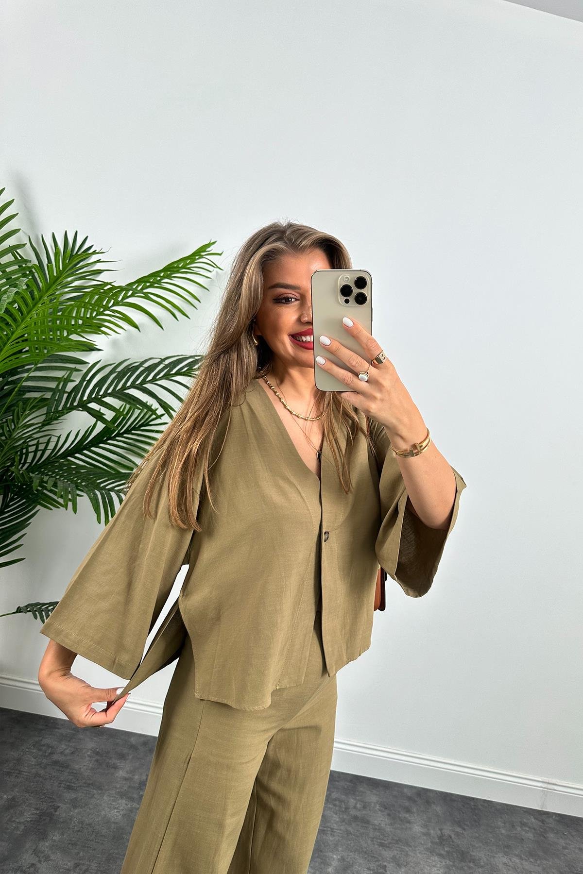 Lüx Kalite Massimo Model Kimono Palazzo Keten Takım Haki