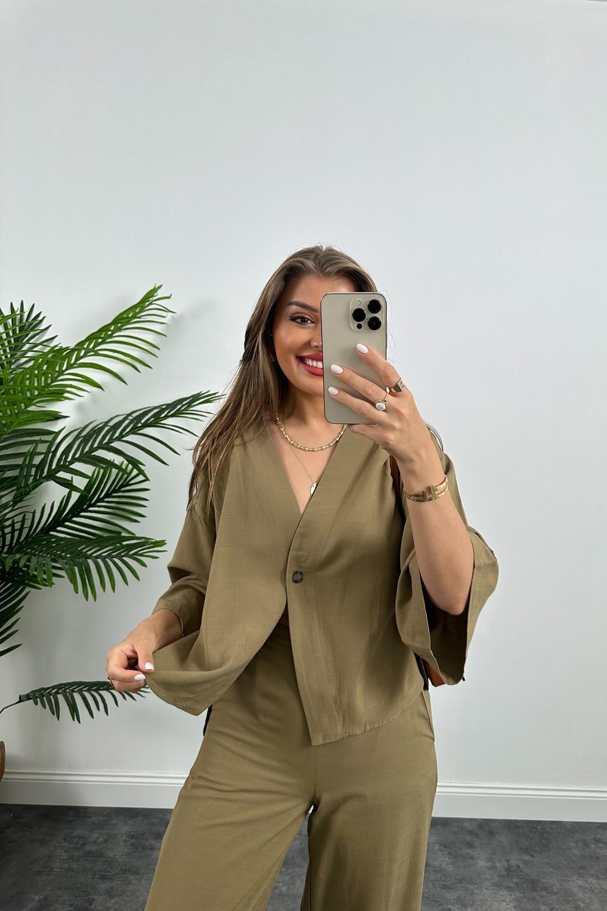 Lüx Kalite Massimo Model Kimono Palazzo Keten Takım Haki