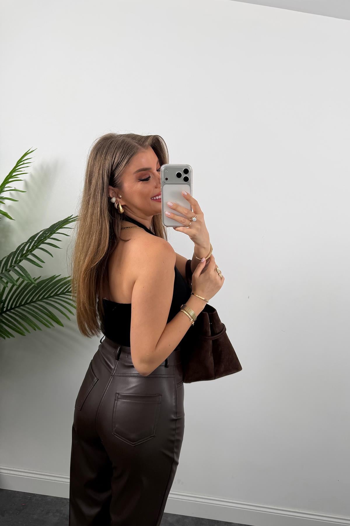 Lüx Kalite Mng Likralı Deri BF Pantolon Acı Kahve