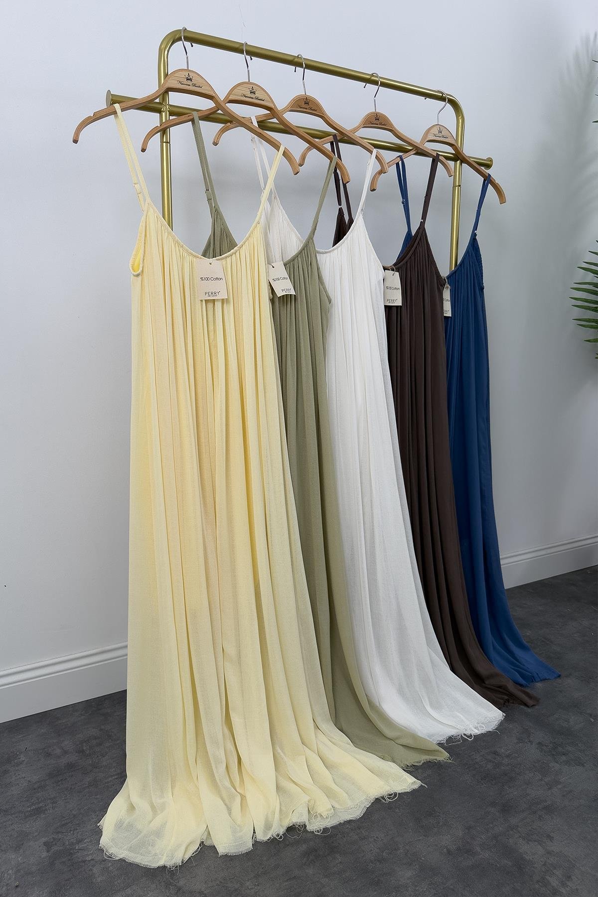 Lüx Kalite Naturel Seri %100 Pamuklu Astarlı Maxi Elbise Ekru 