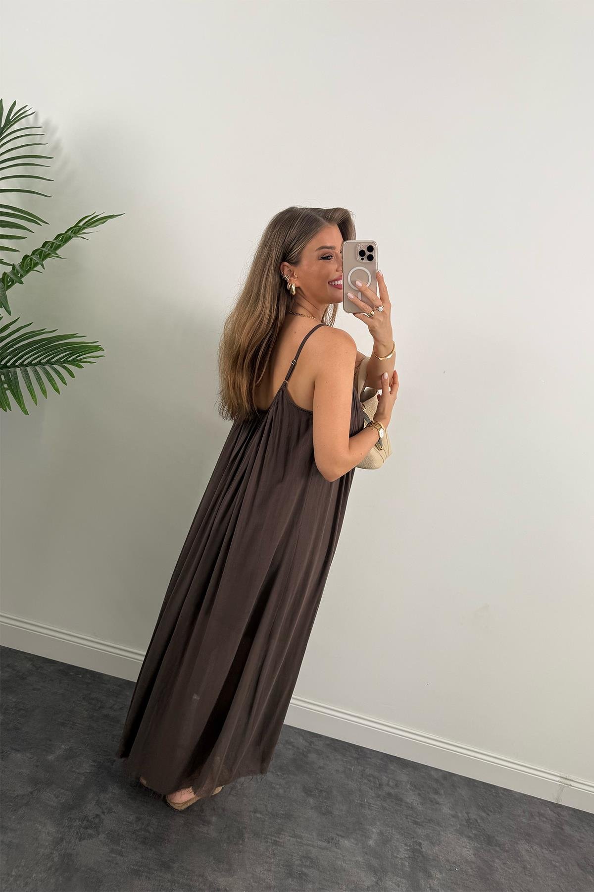 Lüx Kalite Naturel Seri %100 Pamuklu Astarlı Maxi Elbise Kahverengi 