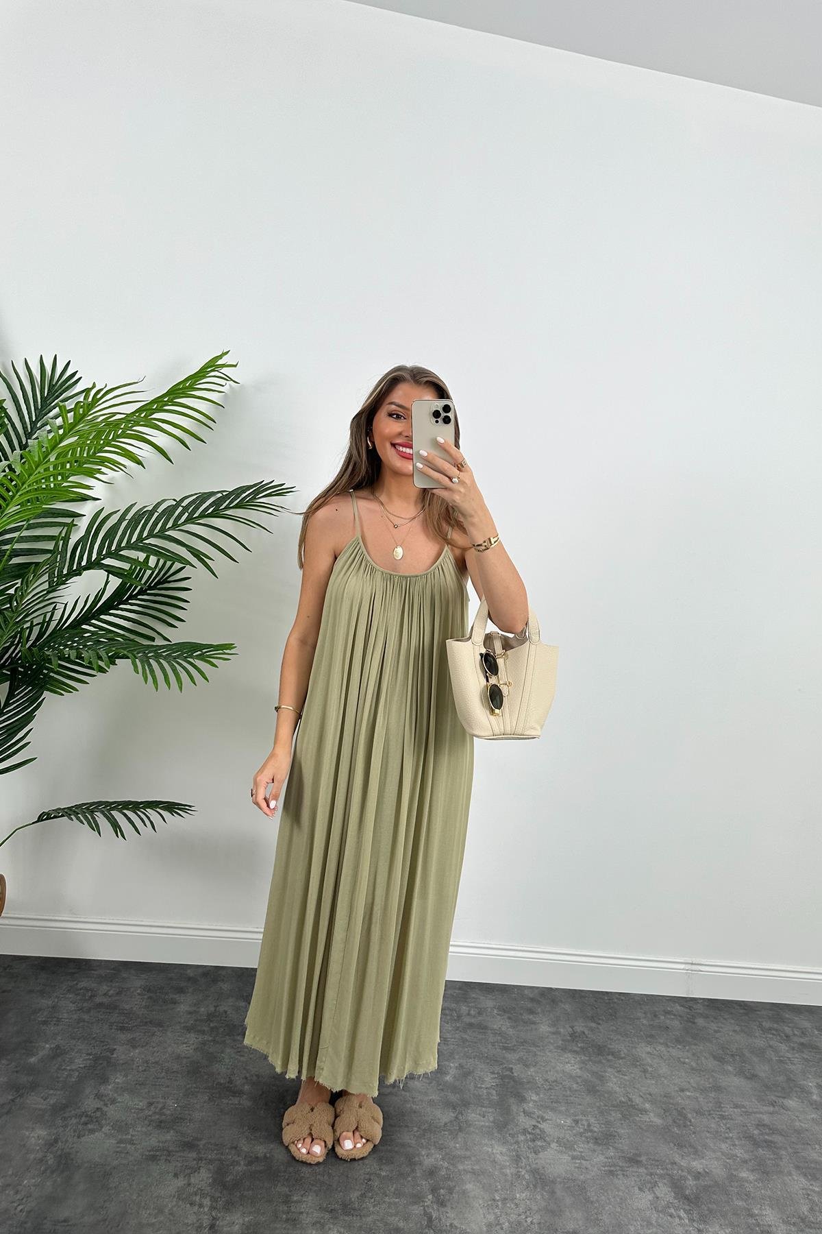 Lüx Kalite Naturel Seri %100 Pamuklu Astarlı Maxi Elbise Haki