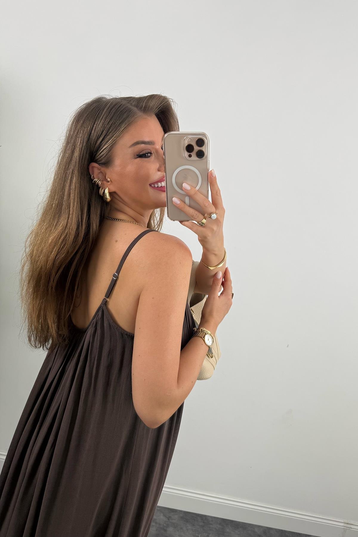 Lüx Kalite Naturel Seri %100 Pamuklu Astarlı Maxi Elbise Kahverengi 