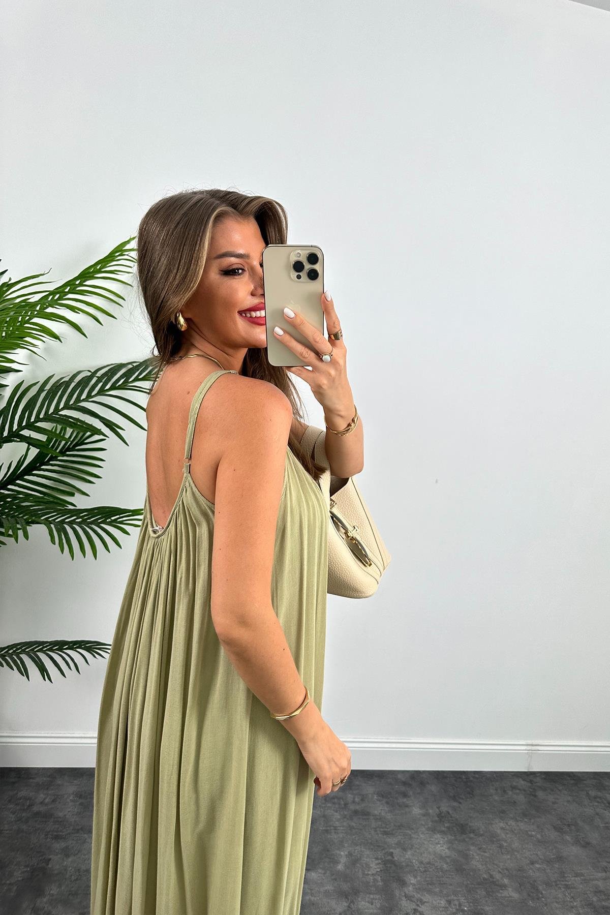 Lüx Kalite Naturel Seri %100 Pamuklu Astarlı Maxi Elbise Haki