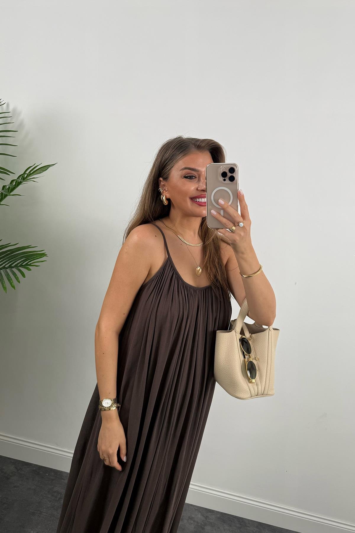 Lüx Kalite Naturel Seri %100 Pamuklu Astarlı Maxi Elbise Kahverengi 