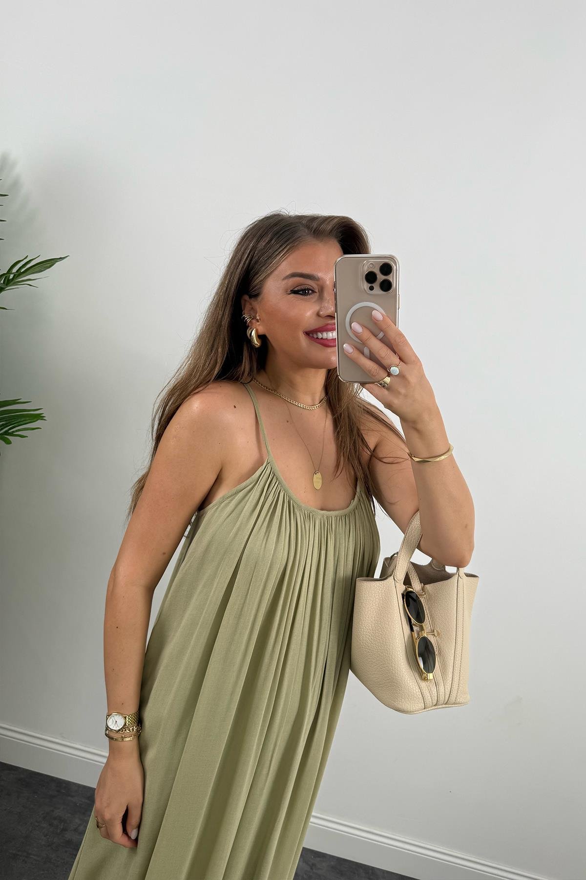 Lüx Kalite Naturel Seri %100 Pamuklu Astarlı Maxi Elbise Haki 