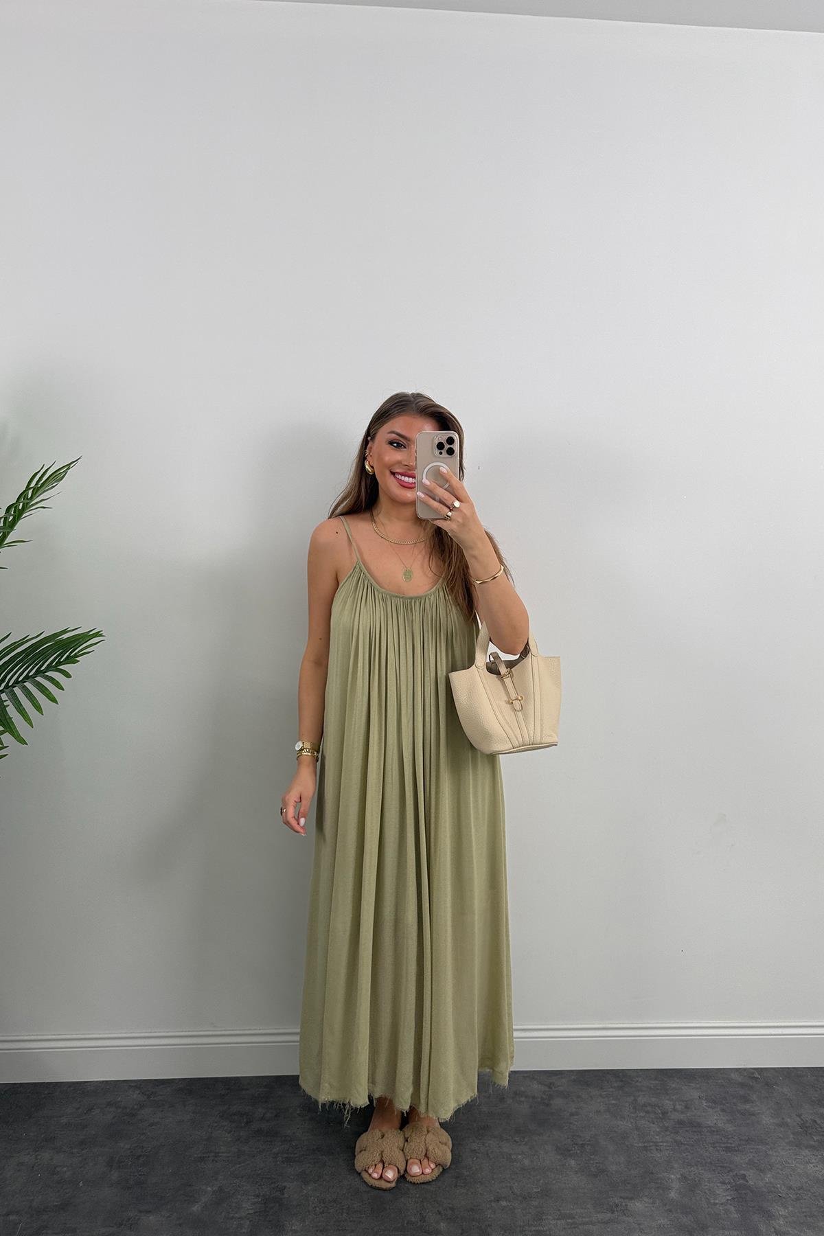 Lüx Kalite Naturel Seri %100 Pamuklu Astarlı Maxi Elbise Haki 