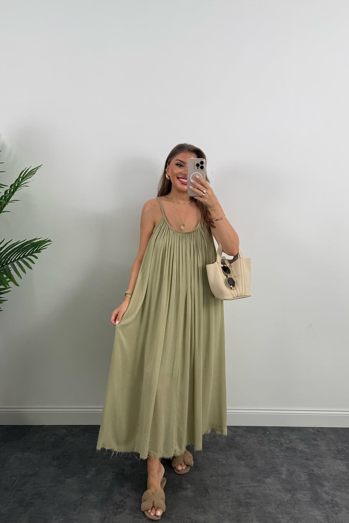 Lüx Kalite Naturel Seri %100 Pamuklu Astarlı Maxi Elbise Haki 