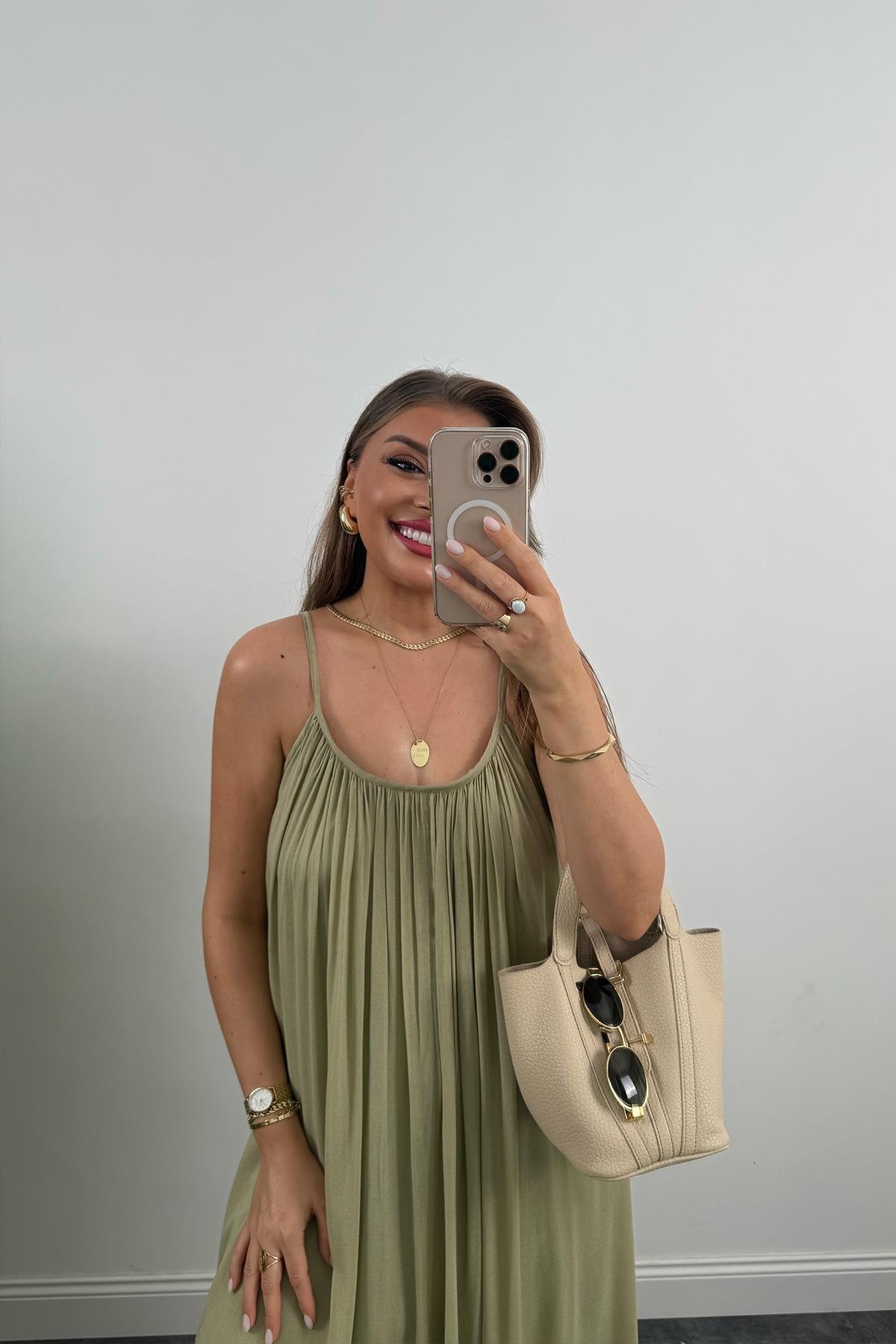 Lüx Kalite Naturel Seri %100 Pamuklu Astarlı Maxi Elbise Haki 