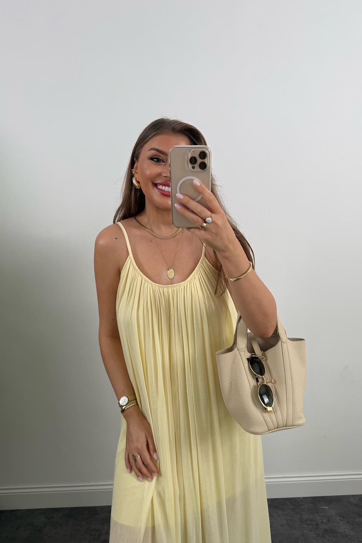 Lüx Kalite Naturel Seri %100 Pamuklu Astarlı Maxi Elbise Sarı