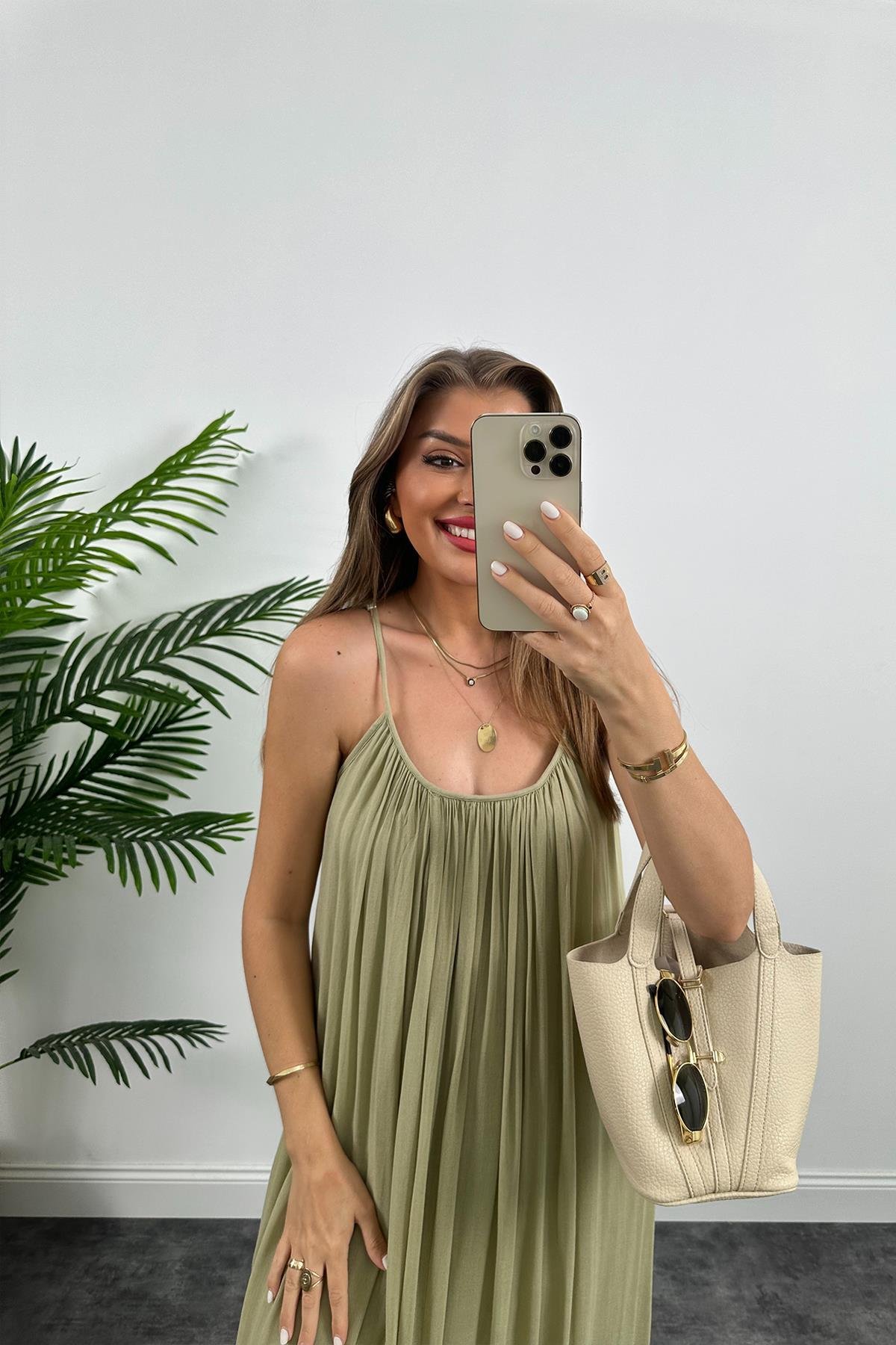 Lüx Kalite Naturel Seri %100 Pamuklu Astarlı Maxi Elbise Haki