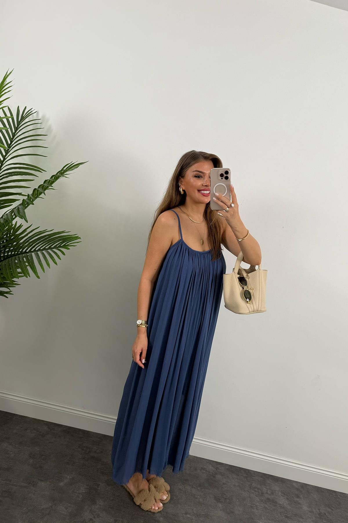 Lüx Kalite Naturel Seri %100 Pamuklu Astarlı Maxi Elbise İndigo