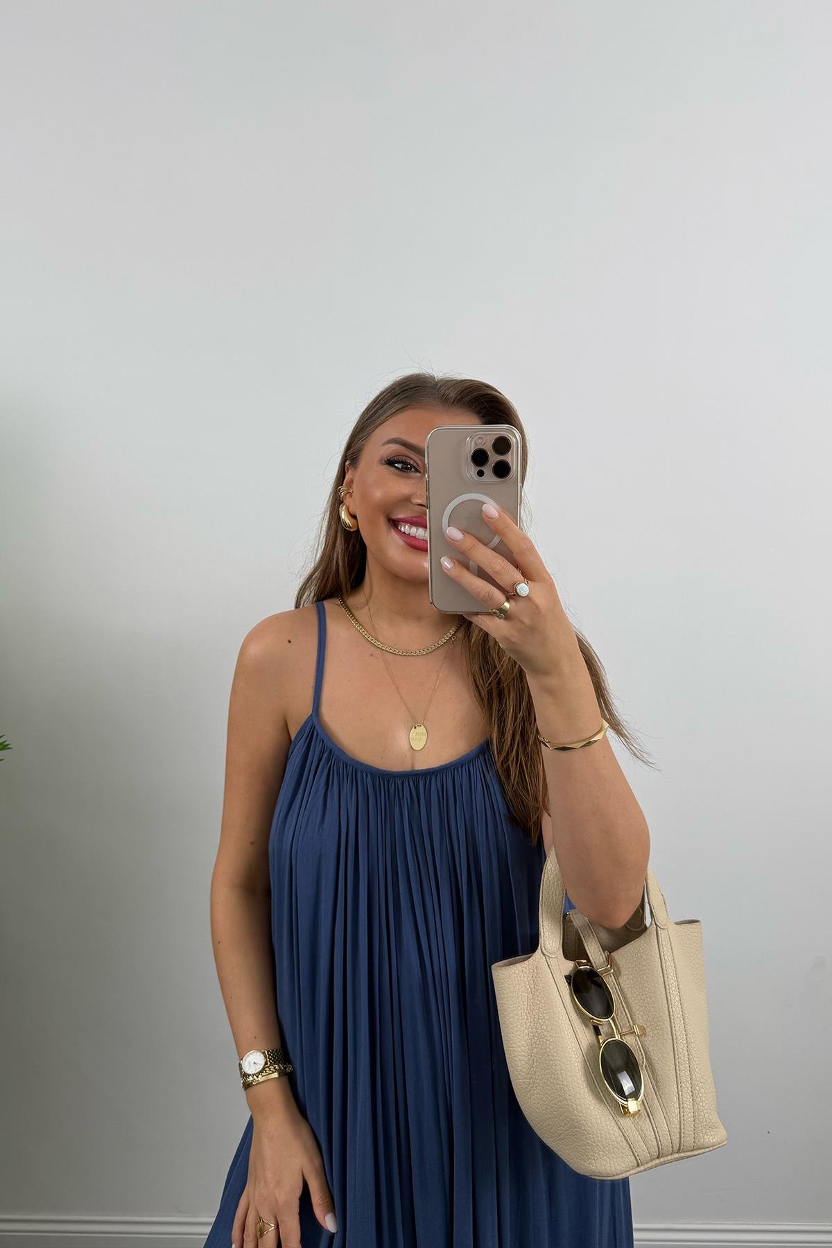 Lüx Kalite Naturel Seri %100 Pamuklu Astarlı Maxi Elbise İndigo