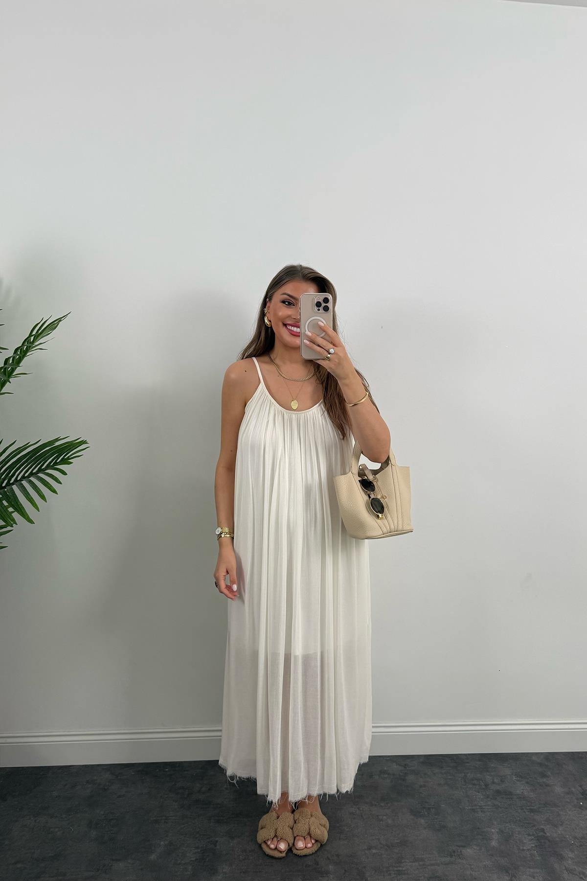 Lüx Kalite Naturel Seri %100 Pamuklu Astarlı Maxi Elbise Ekru 