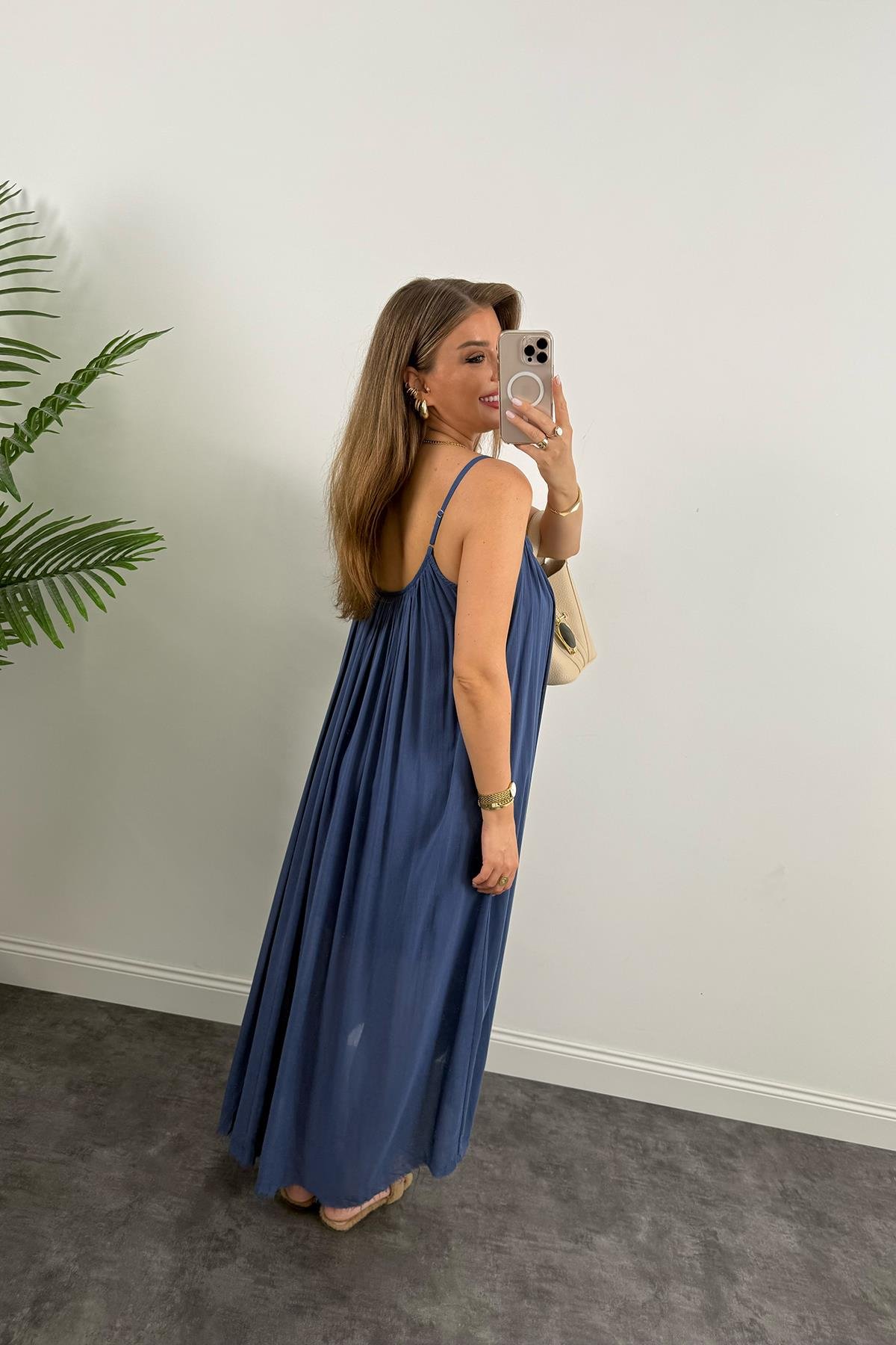 Lüx Kalite Naturel Seri %100 Pamuklu Astarlı Maxi Elbise İndigo