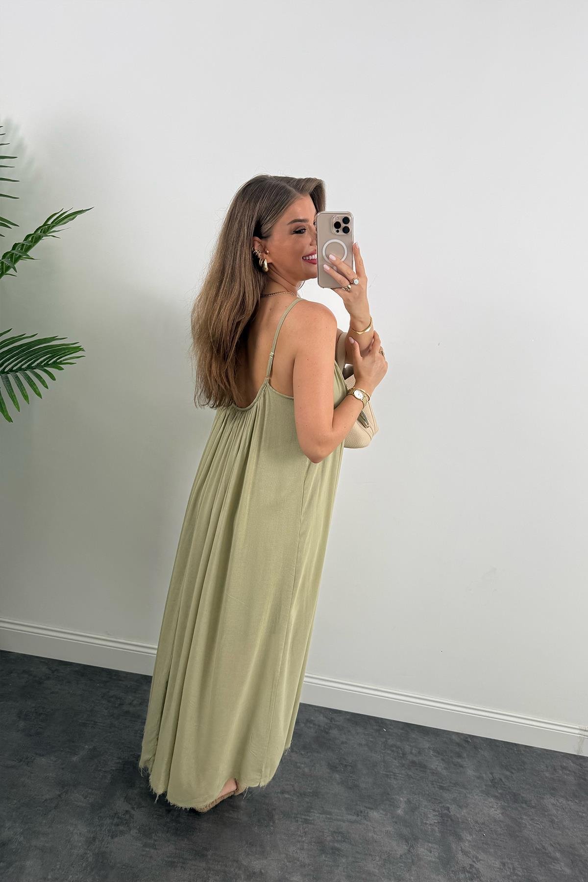 Lüx Kalite Naturel Seri %100 Pamuklu Astarlı Maxi Elbise Haki 