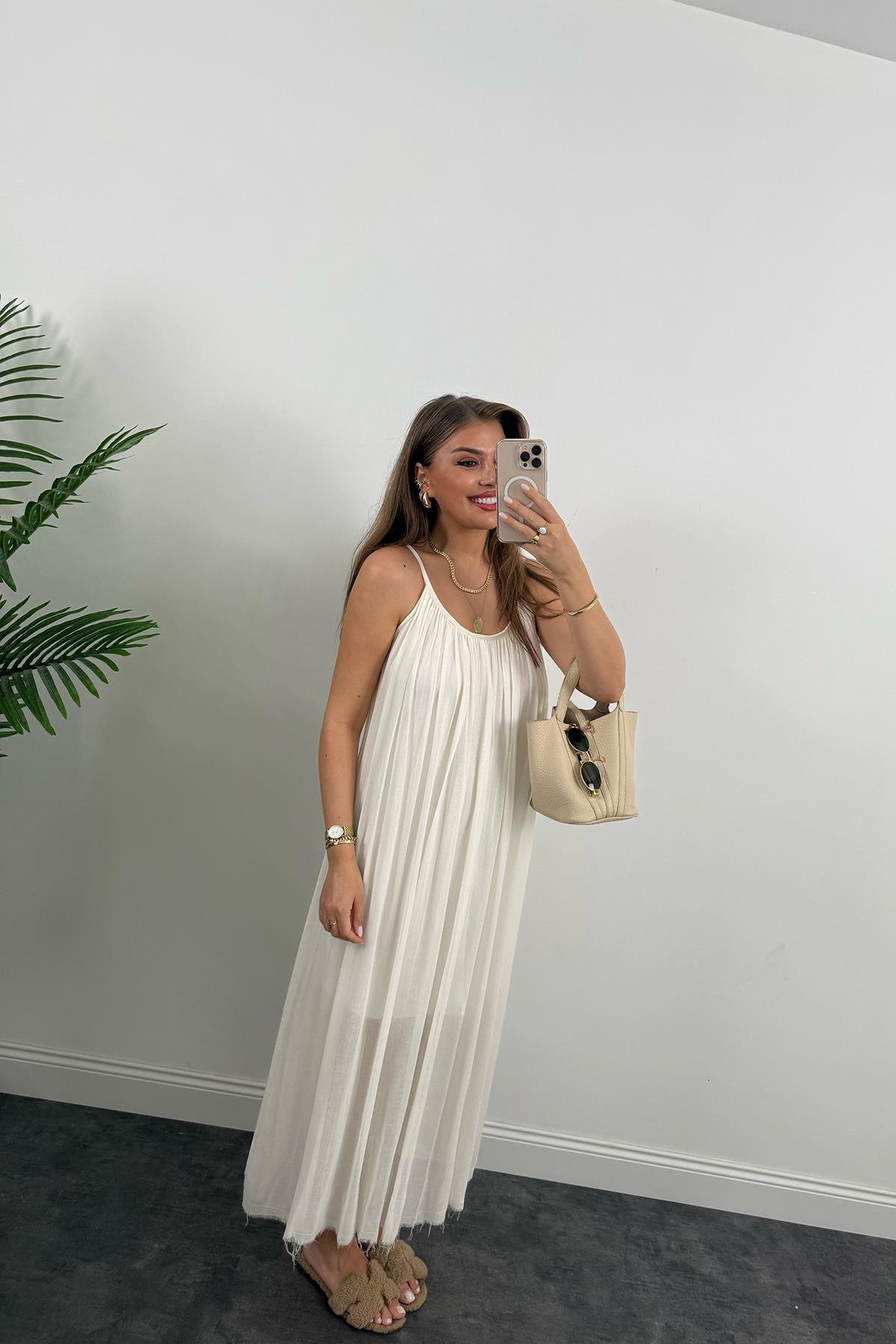 Lüx Kalite Naturel Seri %100 Pamuklu Astarlı Maxi Elbise Ekru 