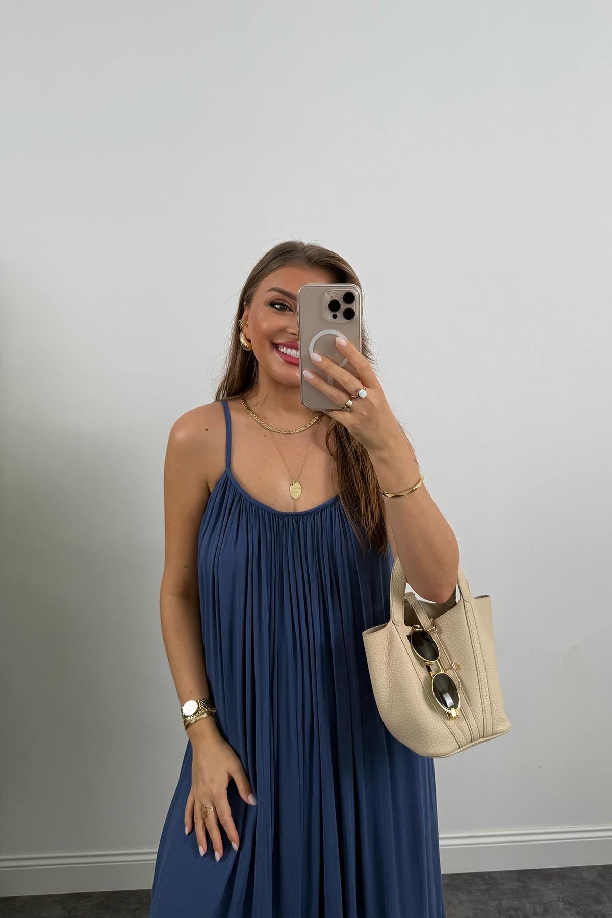 Lüx Kalite Naturel Seri %100 Pamuklu Astarlı Maxi Elbise İndigo