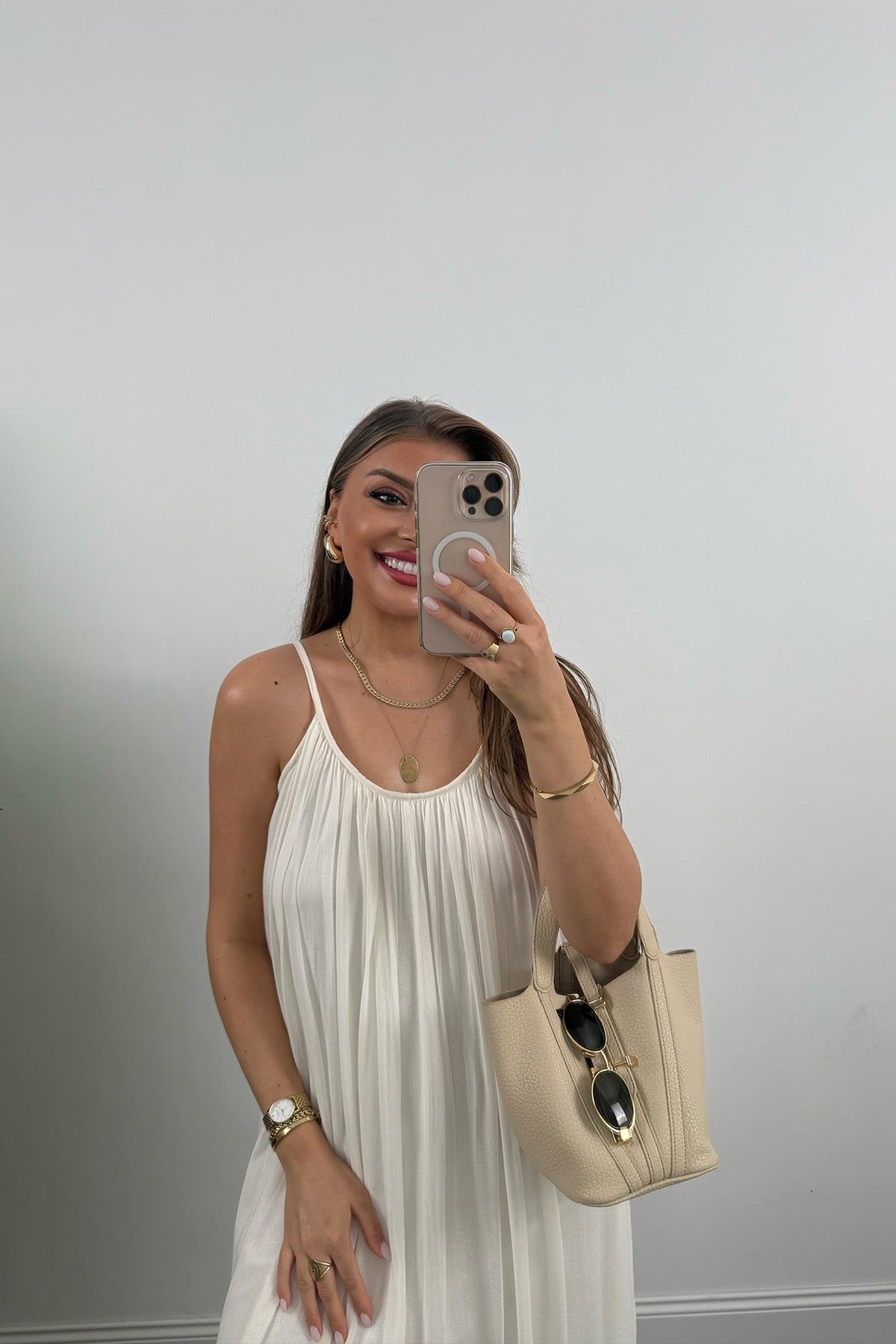 Lüx Kalite Naturel Seri %100 Pamuklu Astarlı Maxi Elbise Ekru 