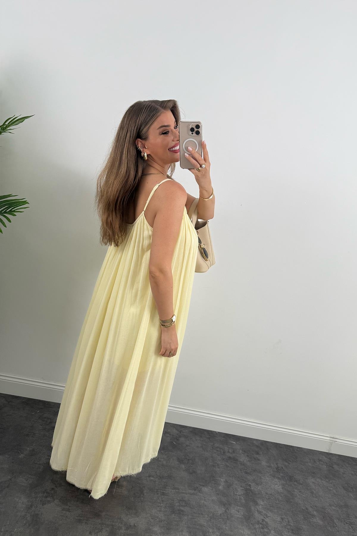 Lüx Kalite Naturel Seri %100 Pamuklu Astarlı Maxi Elbise Sarı