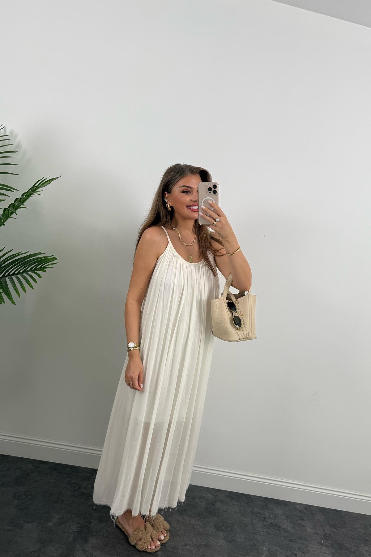Lüx Kalite Naturel Seri %100 Pamuklu Astarlı Maxi Elbise Ekru 