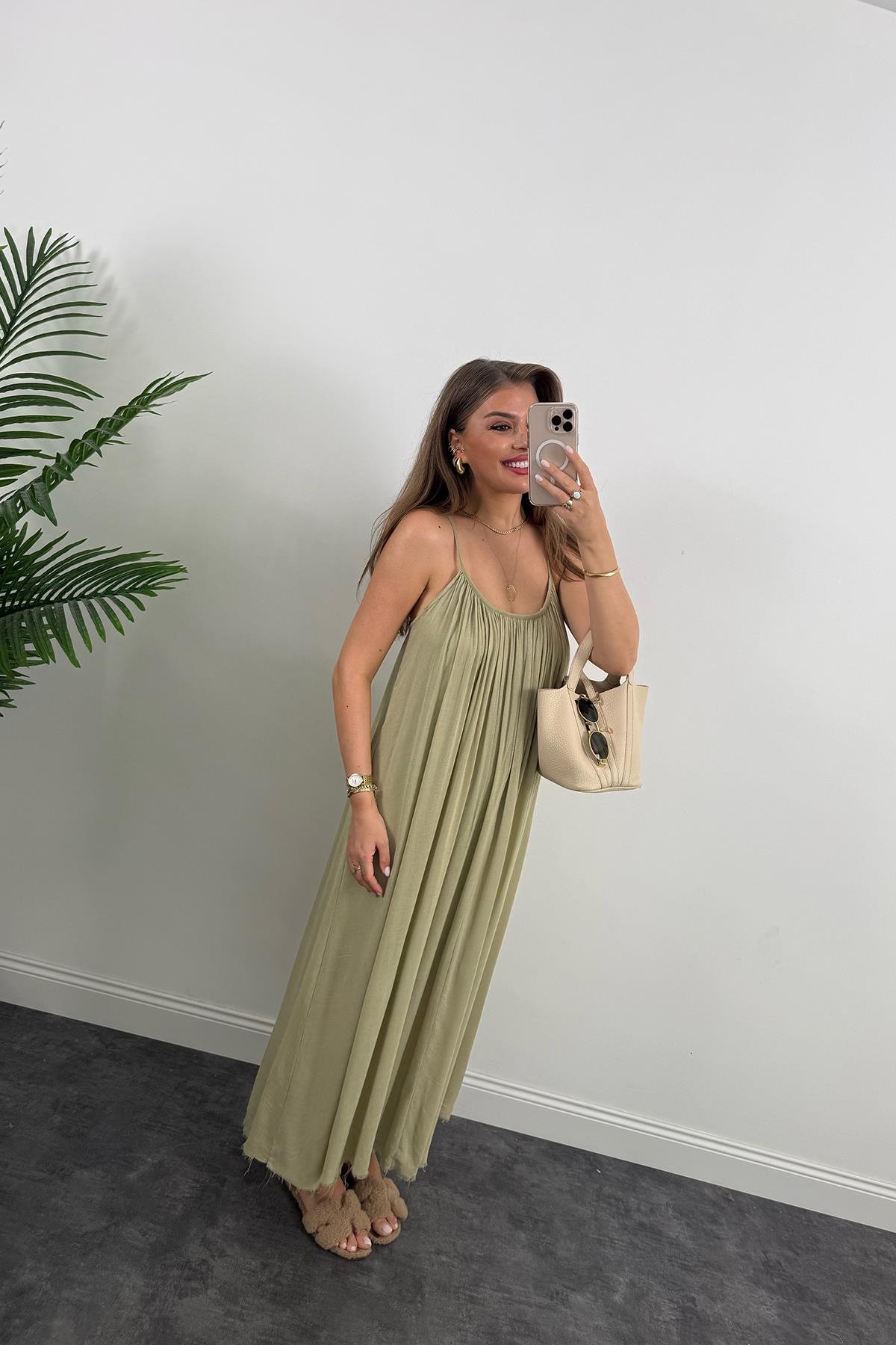 Lüx Kalite Naturel Seri %100 Pamuklu Astarlı Maxi Elbise Haki 