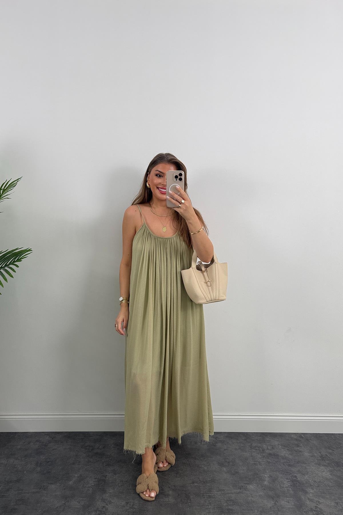 Lüx Kalite Naturel Seri %100 Pamuklu Astarlı Maxi Elbise Haki 